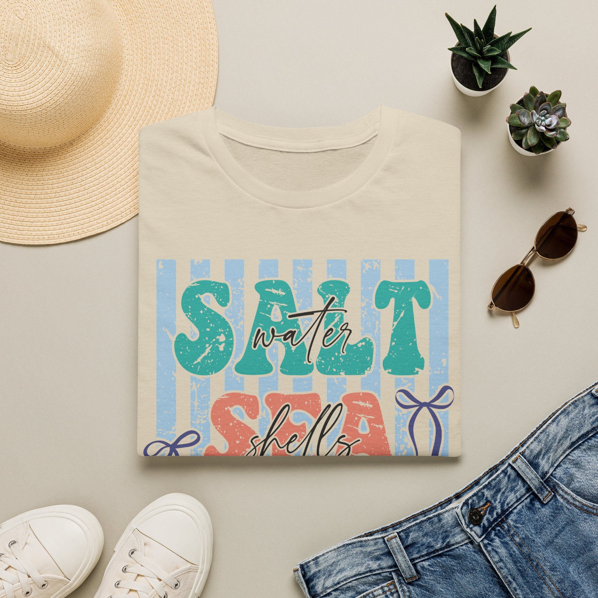 Beach Vibes T-Shirt — "Salt Water, Sea Shells, Sun" Retro Stripes