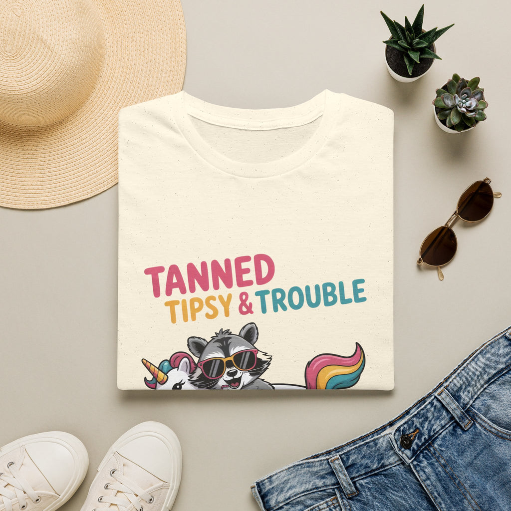 T-Shirt — "Tanned Tipsy & Trouble" Raccoon Summer Tee