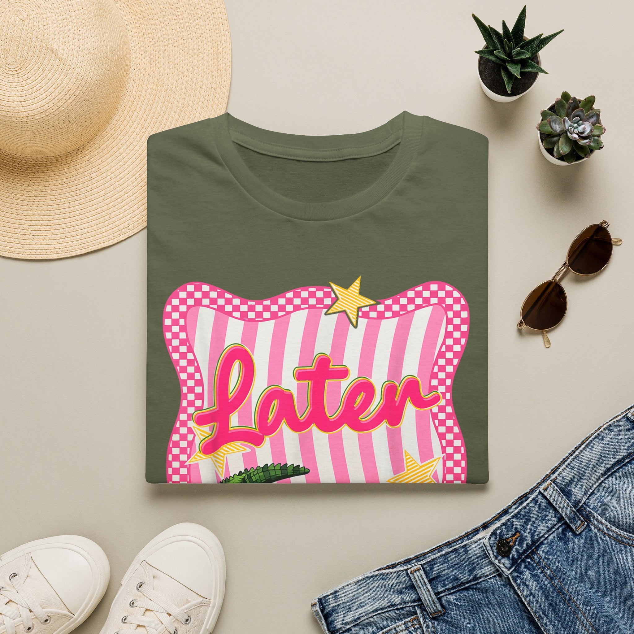 Later Graphic T‑Shirt — Retro Pink Stripe Alligator Design