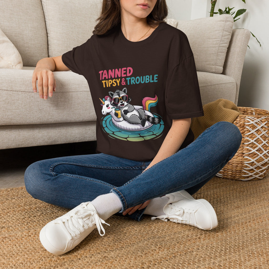 T-Shirt — "Tanned Tipsy & Trouble" Raccoon Summer Tee