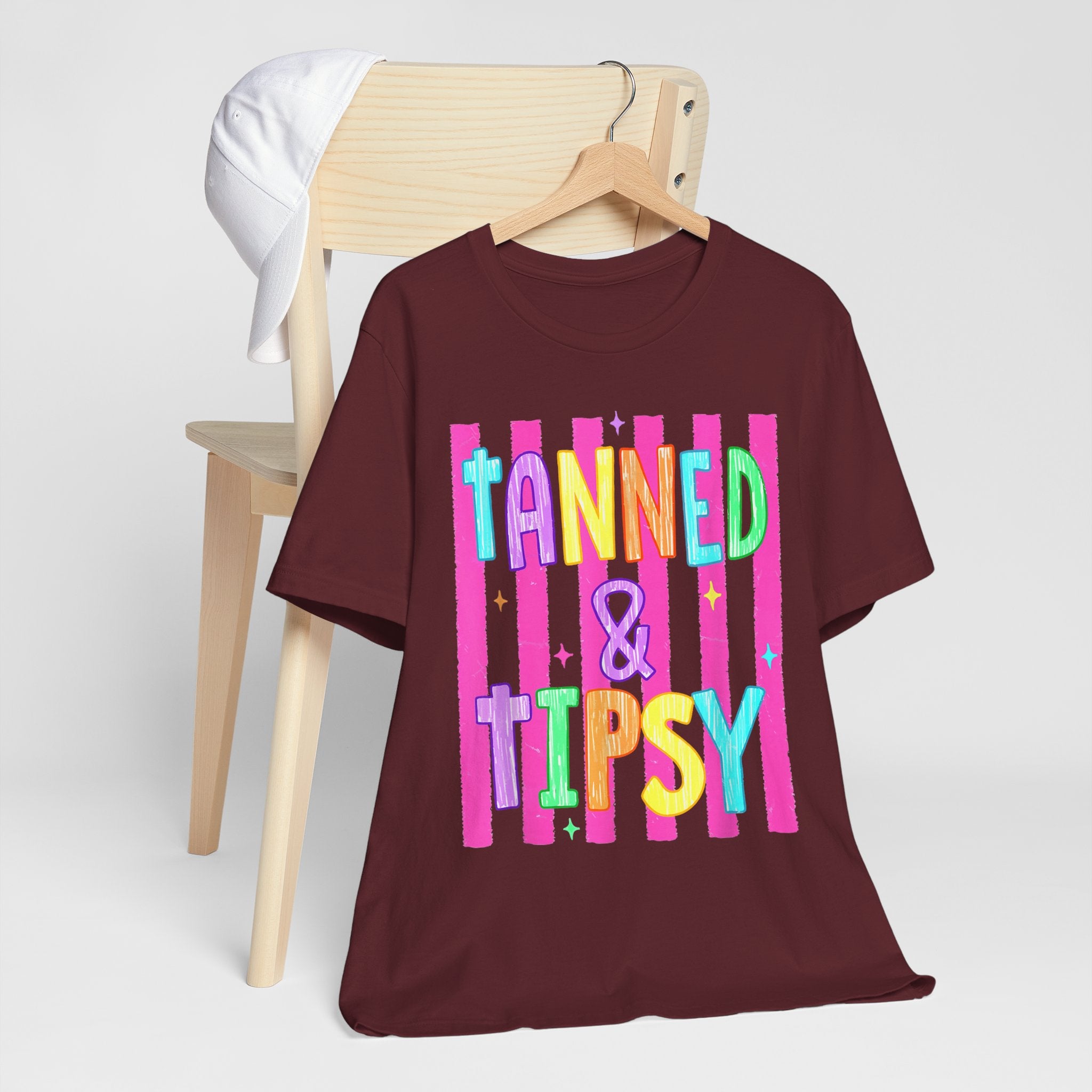 T-Shirt — "Tanned & Tipsy" Colorful Beach Party Graphic Tee