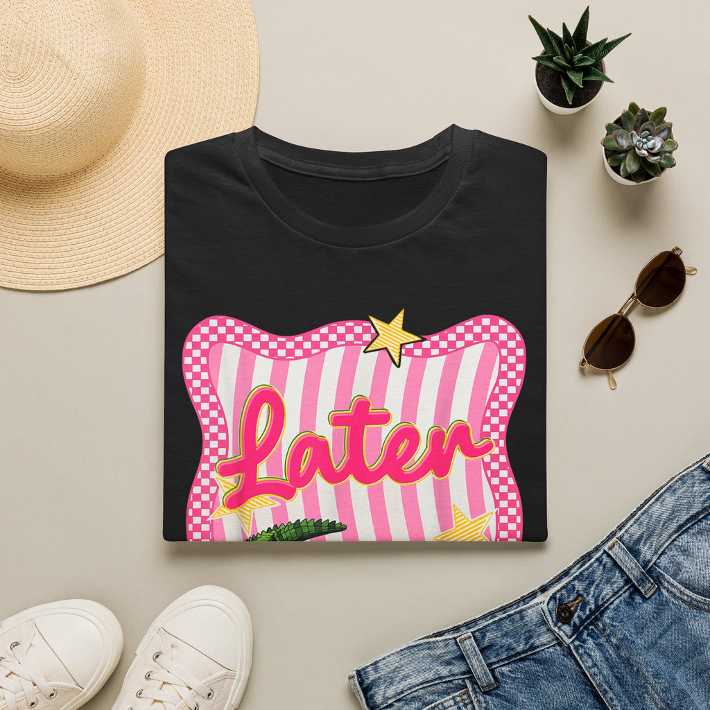 Later Graphic T‑Shirt — Retro Pink Stripe Alligator Design
