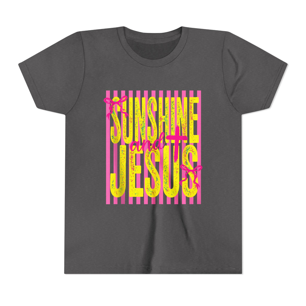 Youth Tee — "Sunshine and Jesus" Pink & Yellow Striped Christian Graphic