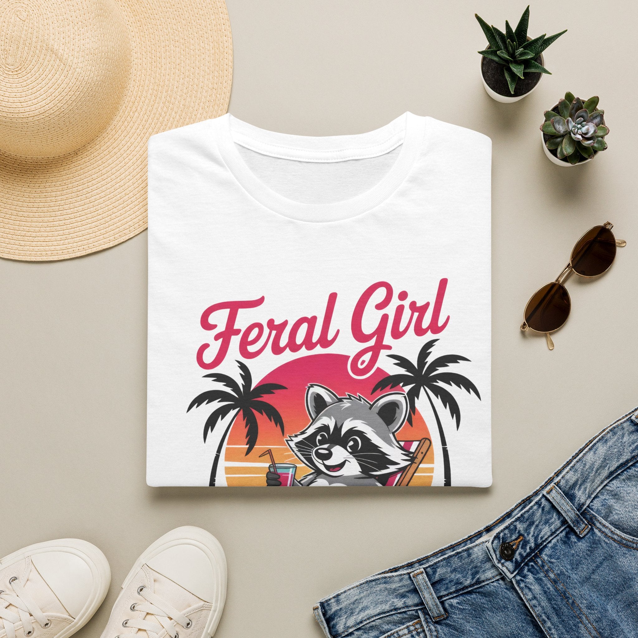 Feral Girl Summer T-Shirt — Retro Raccoon Beach Graphic Tee