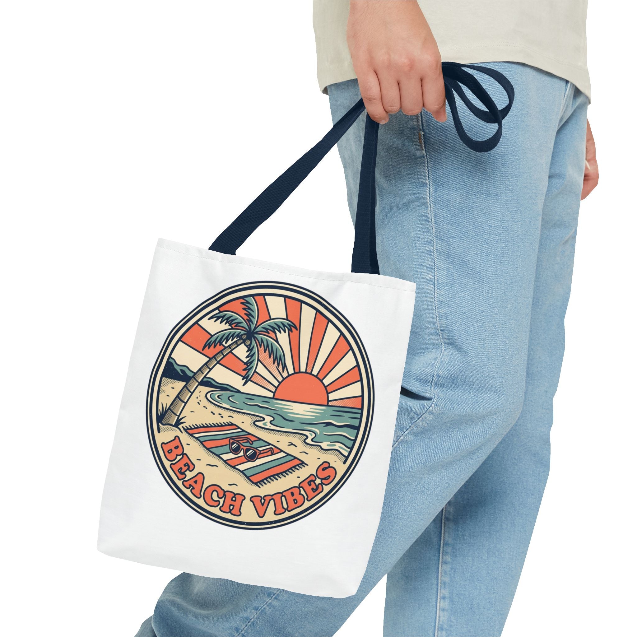 Beach Vibes Tote Bag – Retro Sunset Palm Canvas Beach Tote
