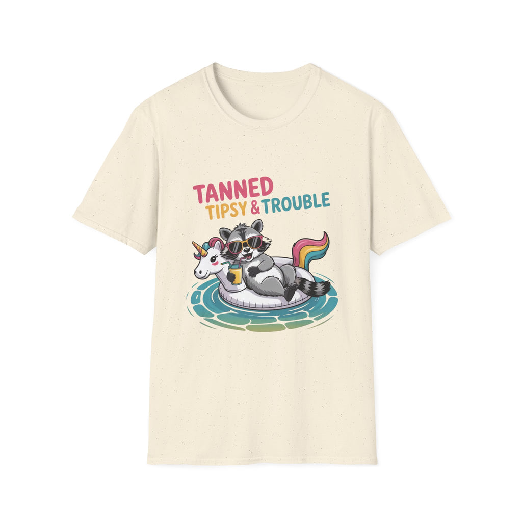 T-Shirt — "Tanned Tipsy & Trouble" Raccoon Summer Tee