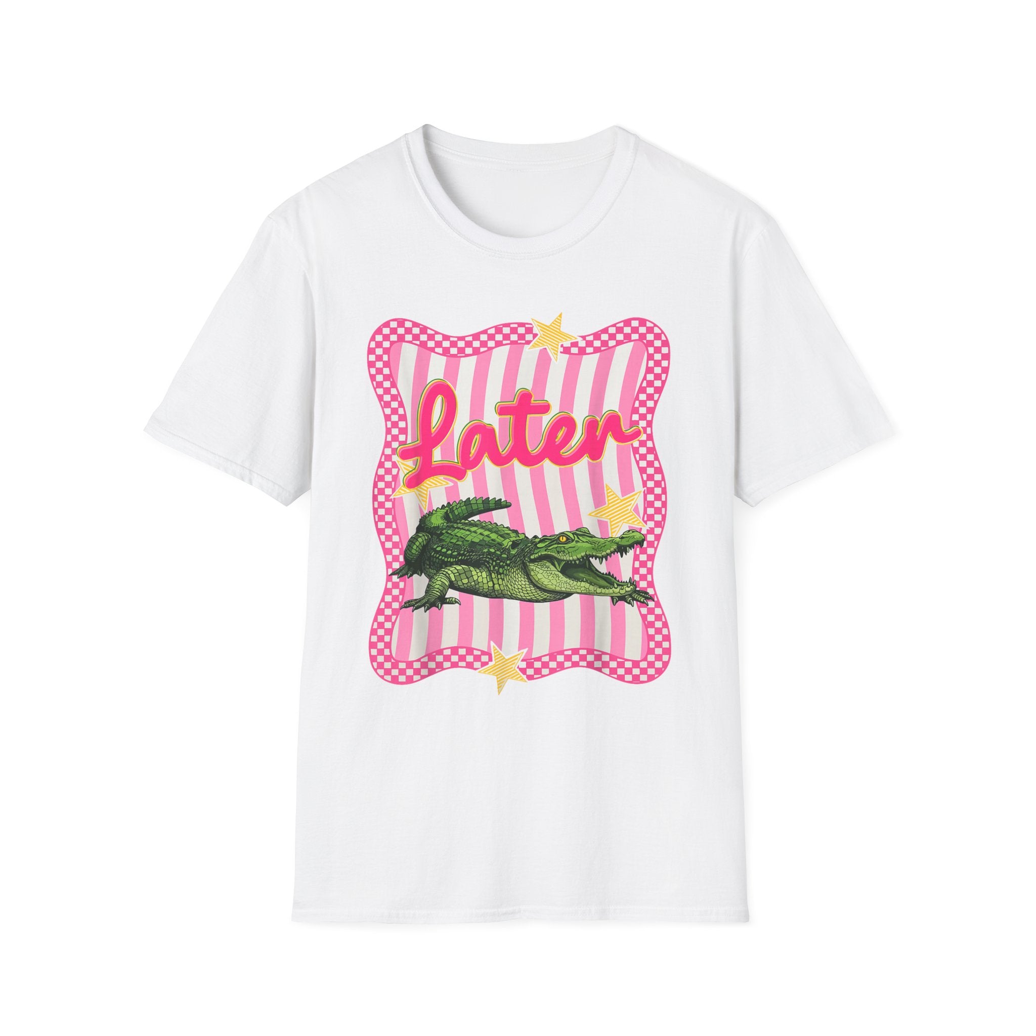 Later Graphic T‑Shirt — Retro Pink Stripe Alligator Design