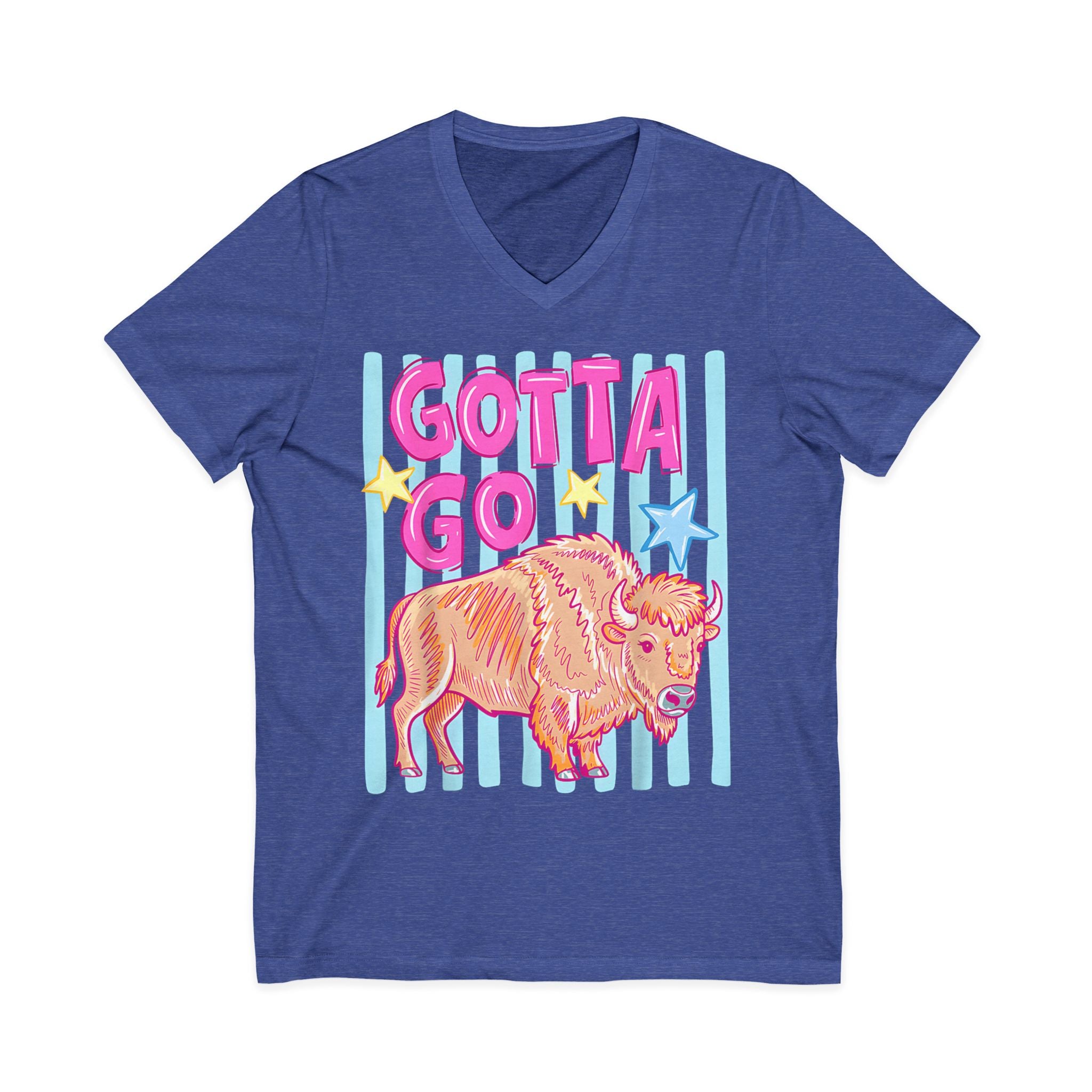 Gotta Go Buffalo V-Neck Tee — Retro Pastel Bison Graphic T-Shirt