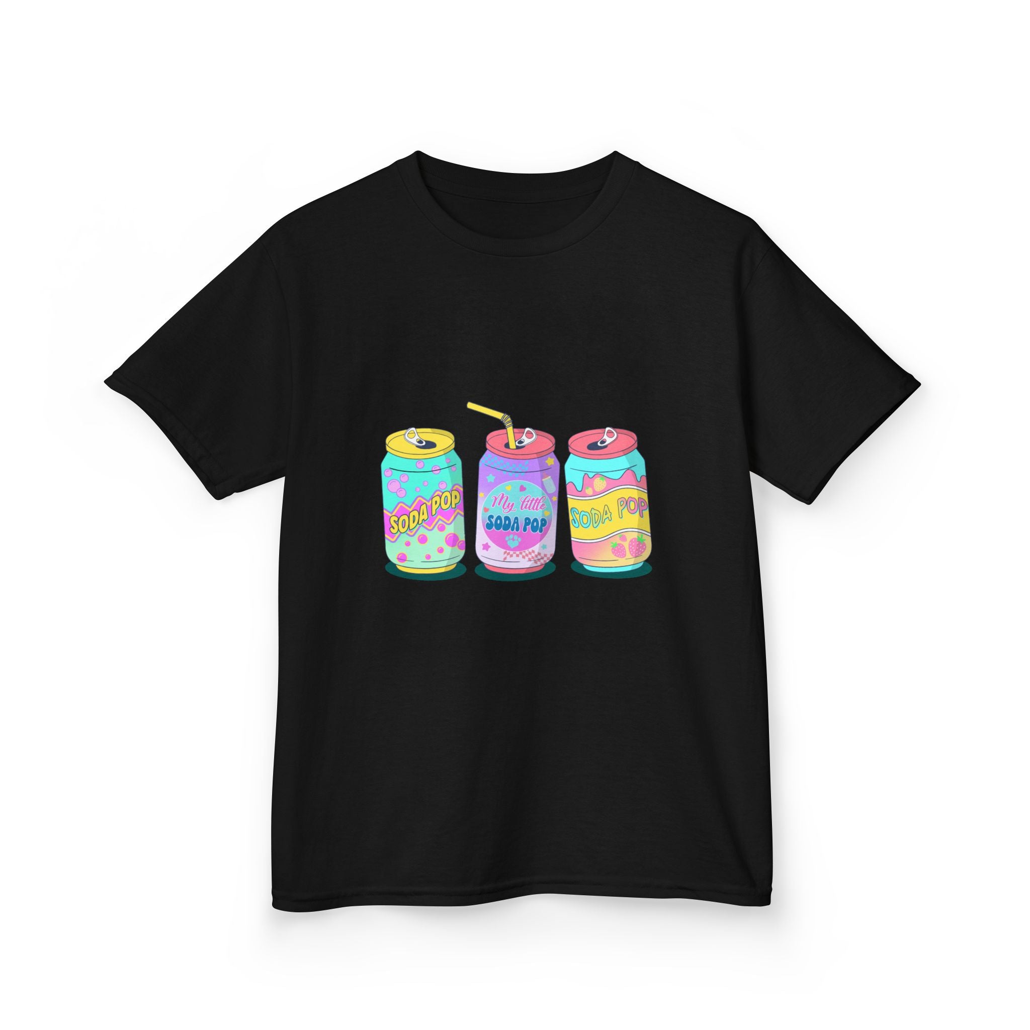 Kids T-Shirt — Colorful Soda Can Trio Graphic Tee (Cute Retro Drink Design)