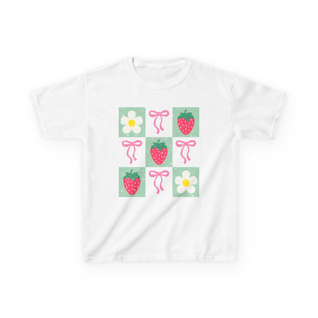 Kids Strawberry Grid Tee — Cute Strawberry & Flower Graphic T-Shirt