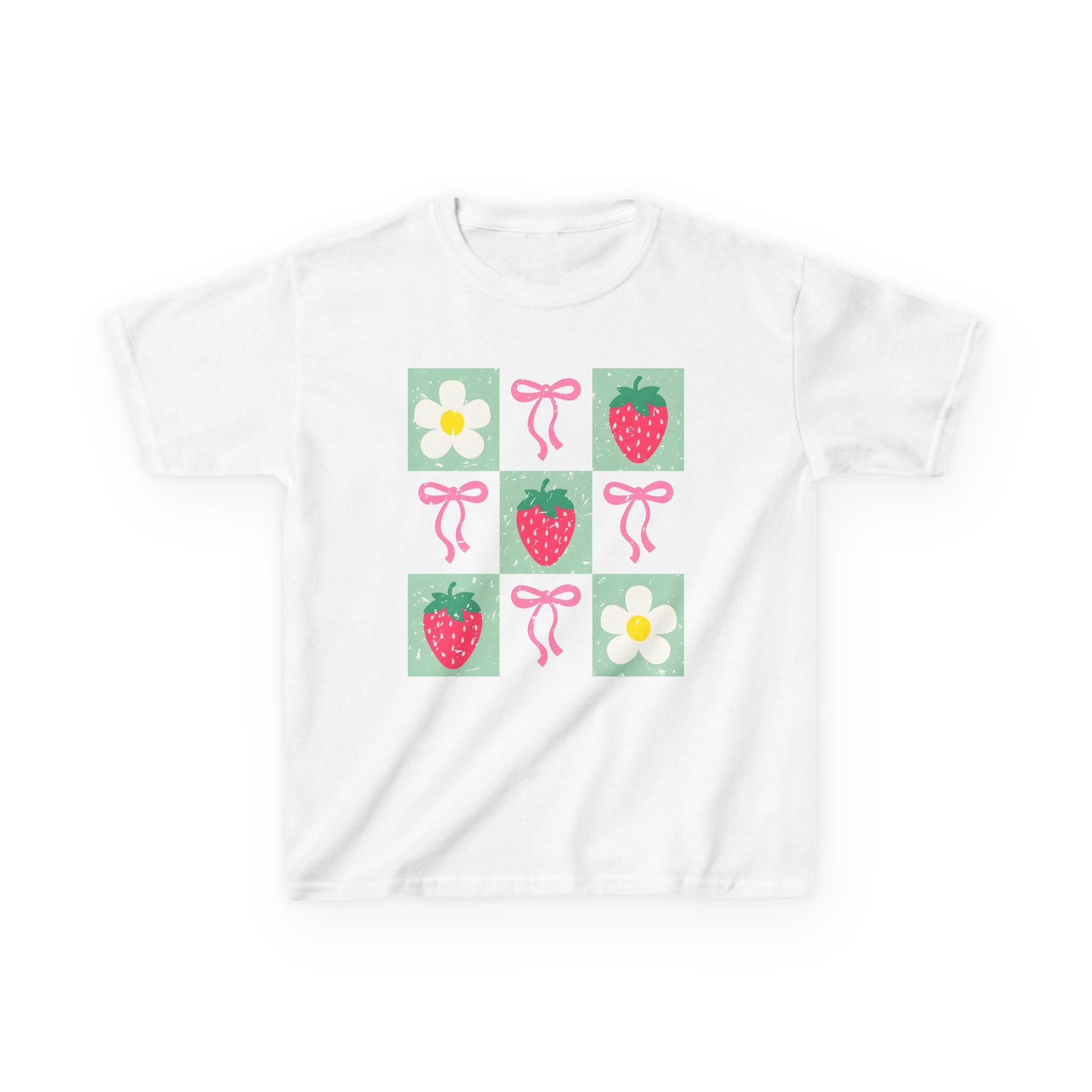 Kids Strawberry Grid Tee — Cute Strawberry & Flower Graphic T-Shirt